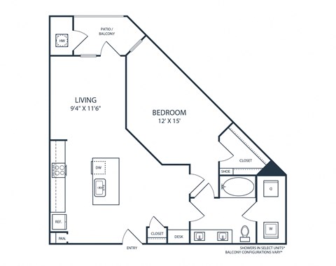 Floor plan for 1 bed, 1 bath, 821 sqft